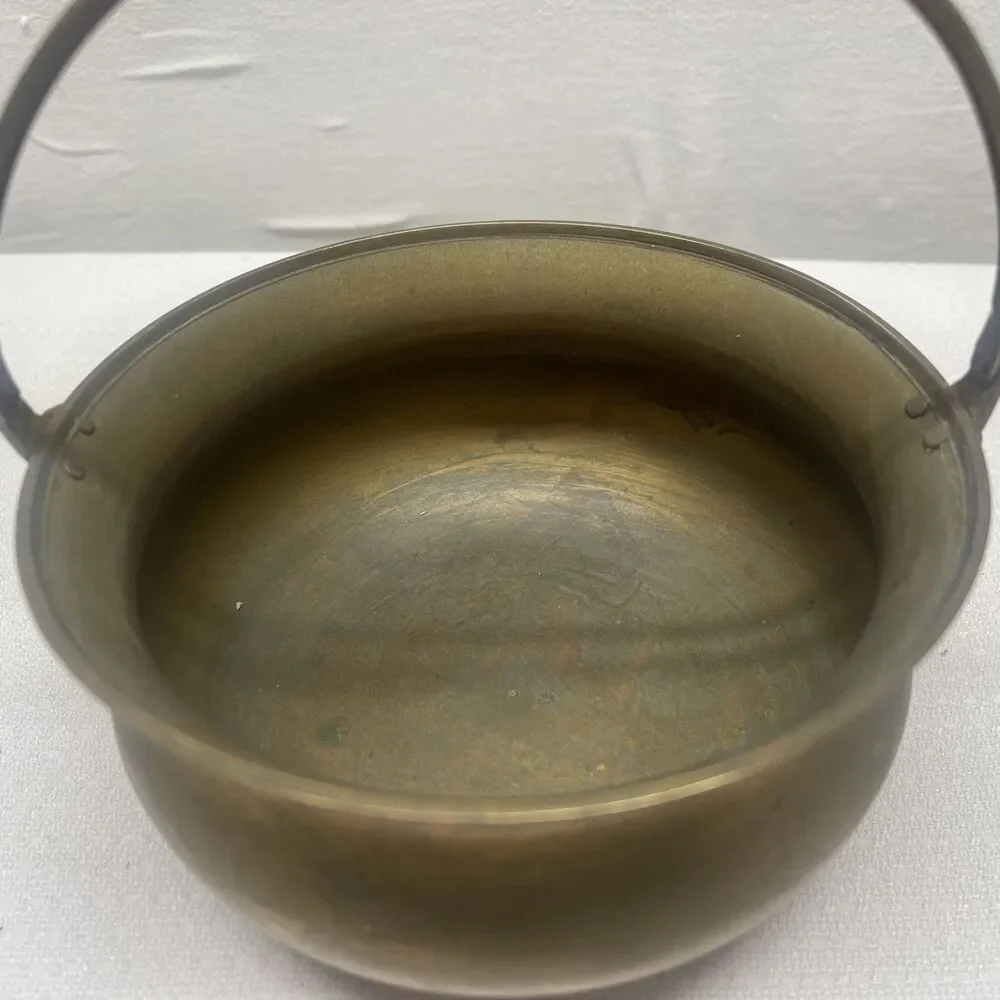 Vintage Solid Brass Cauldron Planter Pot Handle Mid-Century Modern Decor India